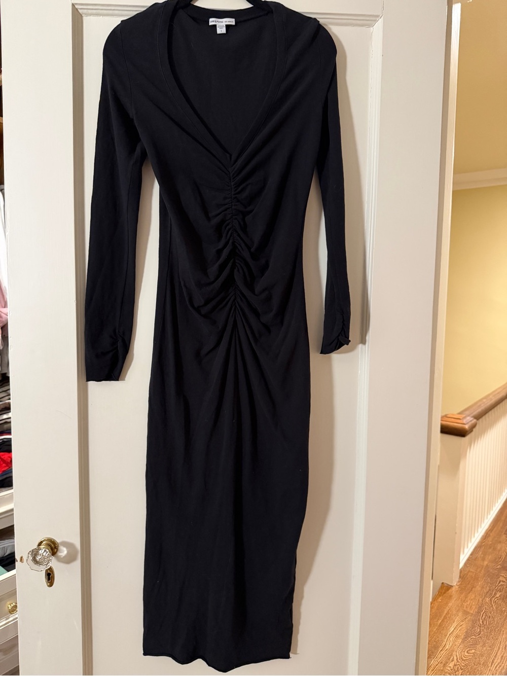 James Perse Black Ruched Long Sleeve Midi Dress